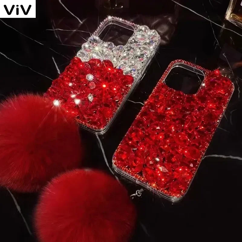 Luxury Gemstone Bling Rhinestone Fur Hairball Phone Case For Xiaomi Redmi 9A 9C Note8 9 Pro Note10S Note11 Pro 12Pro Cover