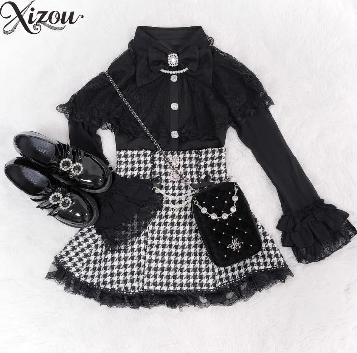 

Spring and Autumn Women's Clothing Pearl Bow Lace Long Sleeve Shirt Solid Color Elegant Blouse Femmes Lolita Style Womens Tops