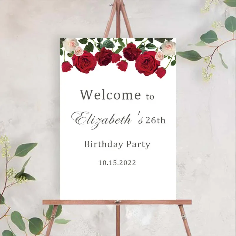 custom logo 1 pc siticker welcome to girls 26th birthday party red rose flower sign personalized with any text photo on canvas