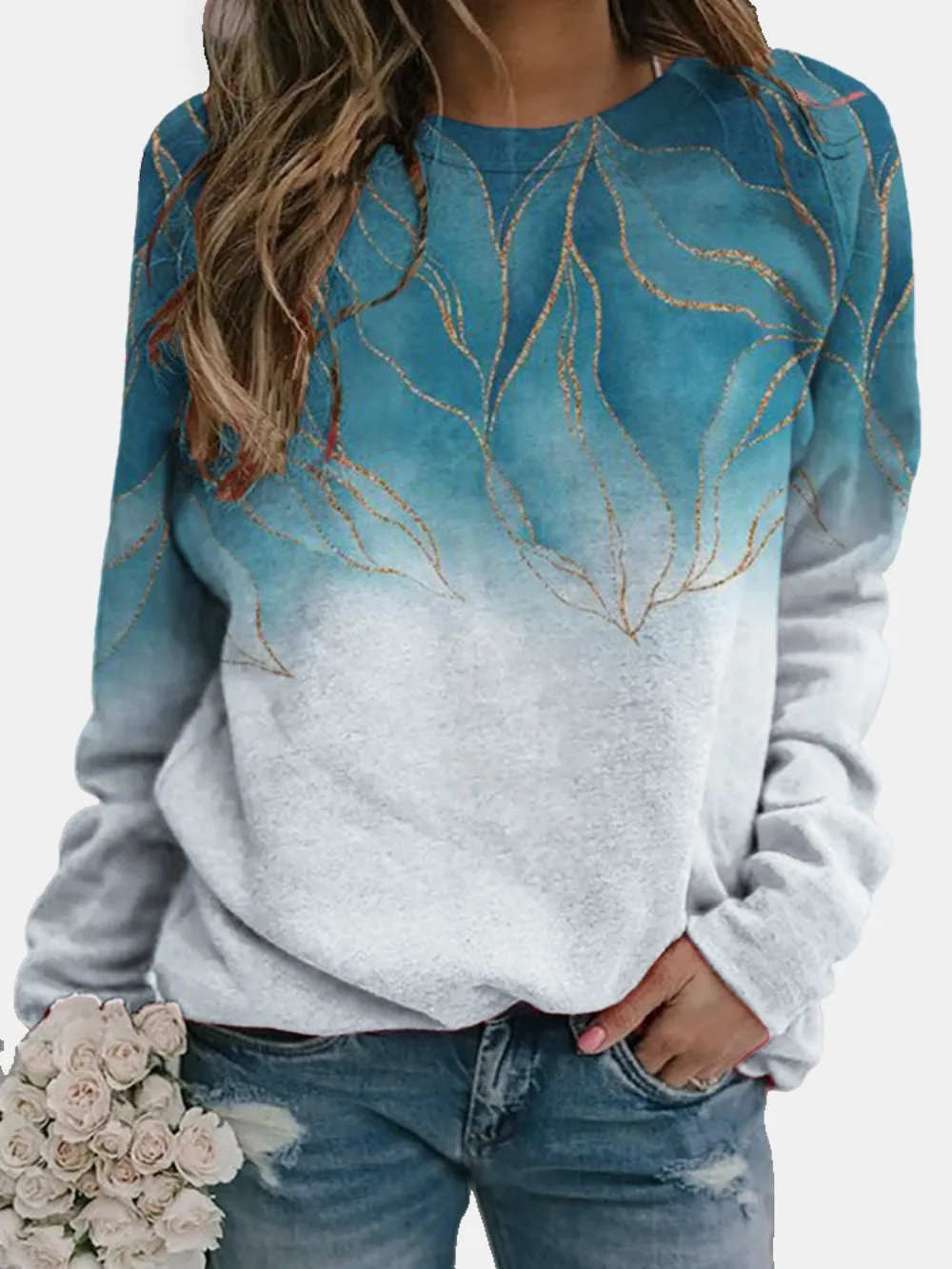 Women\'s Fashion Casual Loose Hoodie Round Neck 3D Flower Print Long Sleeved T-shirt Pullover Spring and Autumn Top