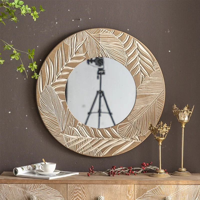 American rural retro carved square mirror solid wood round wall-mounted makeup mirror living room B & B creative decoration