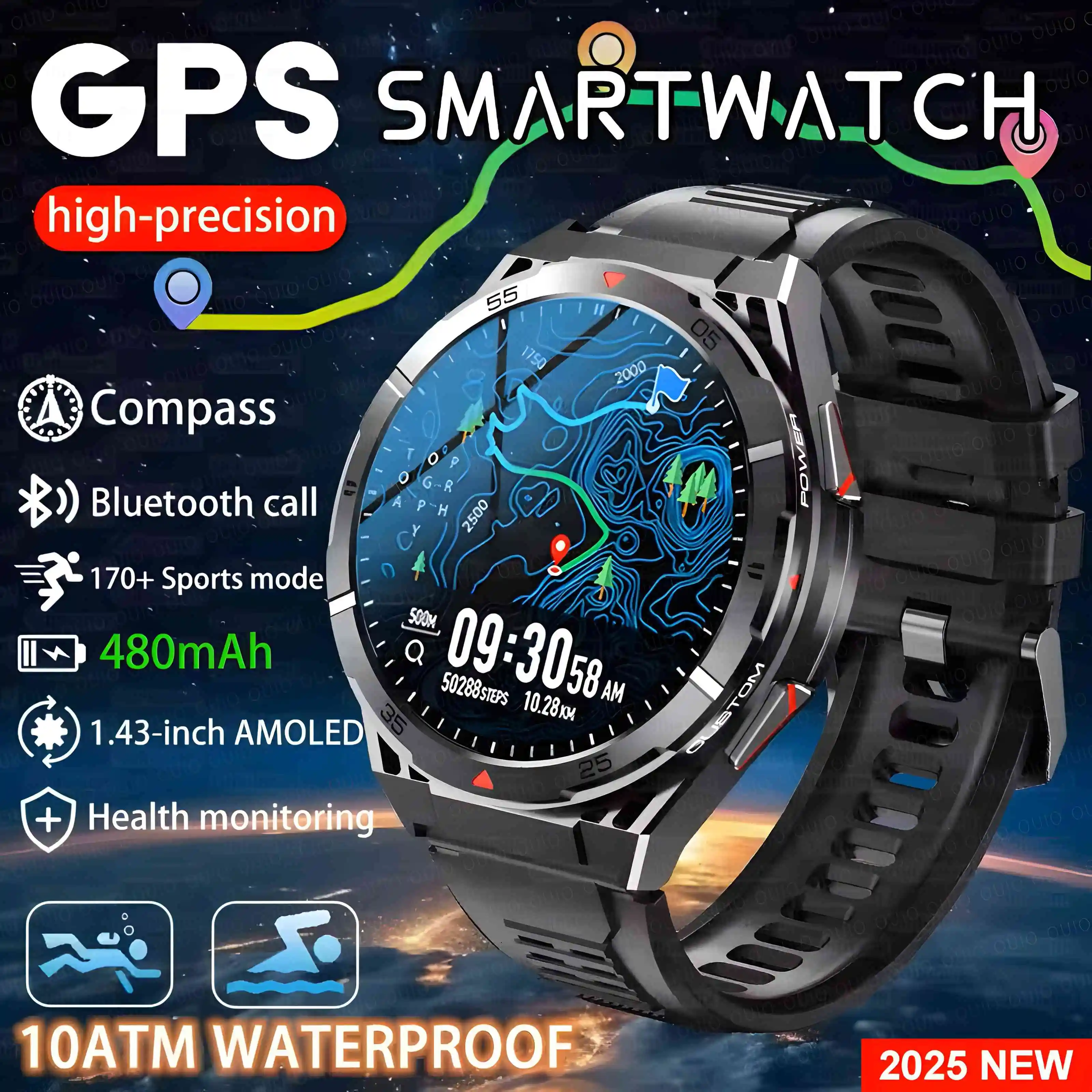 

2025 Новые двухдиапазонные спутниковые GPS SmartWatch для мужчин 1,43-дюймовый AMOLED-экран Компас Сердечный ритм BT Вызов IP69 10ATM Водонепроницаемые SmartWatch