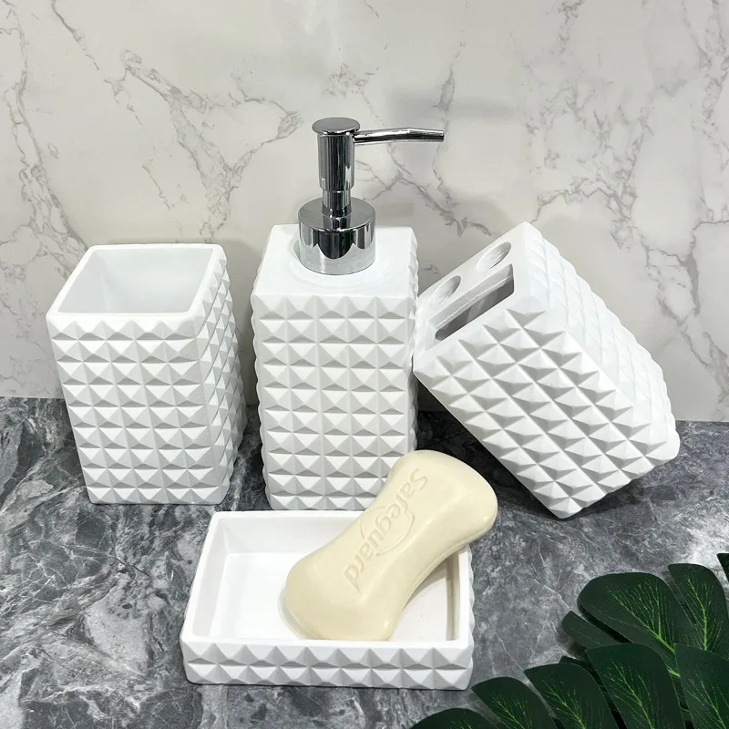 

Resin Bathroom Products Four-piece Set White Diamond-shaped Lotion Bottle Toothbrush Holder Soap Dish Bathroom Soap Dispenser