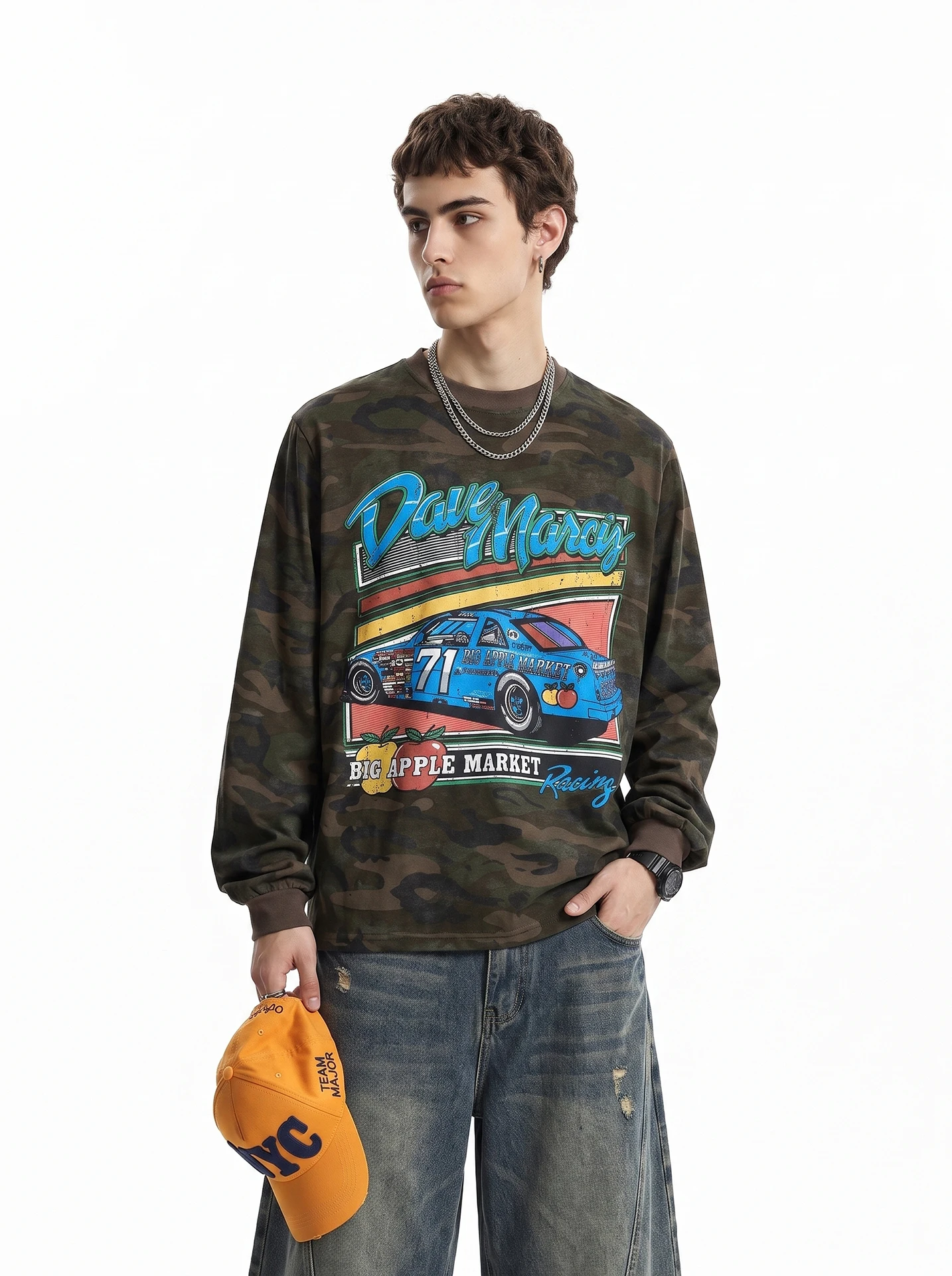 BETEBULE American Letter Racing Car Print Camouflage Long Sleeve Men's T-shirt Autumn Loose Top Fashionable Street Style