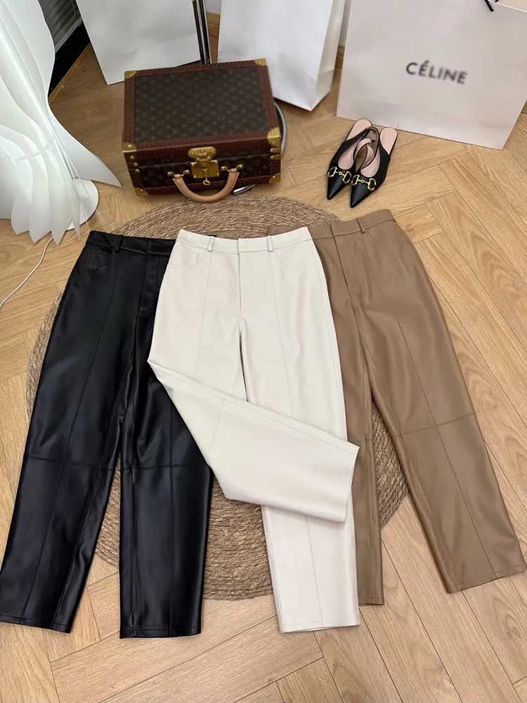 Women Pants Elegant 2024 New Fashion High Waist Genuine Leather Trousers Women Streetwear Luxury Designer