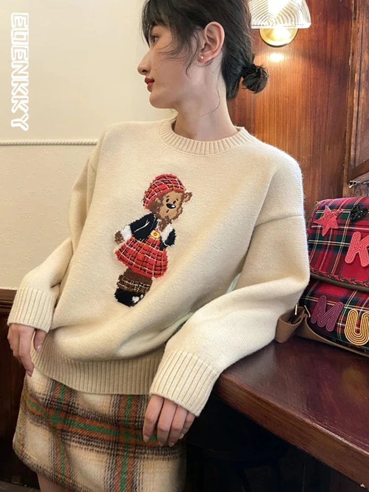 Retro Cute Bear Sweater Women Knitwear Casual Spring Autumn Cozy Knit Pullover Female Loose Crew-neck Vintage Sweet Jumpers New