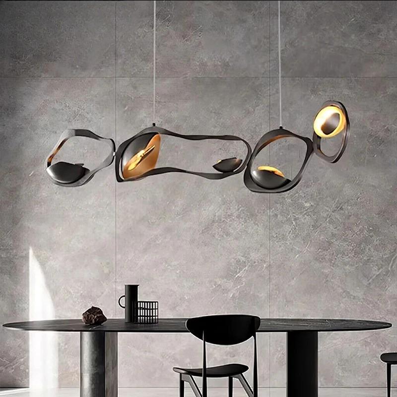 Modern Abstract Organic Chandelier Black Gold Linear Pendant Light Irregular Multi Ring Sculptural LED Hanging Lamp for Dining