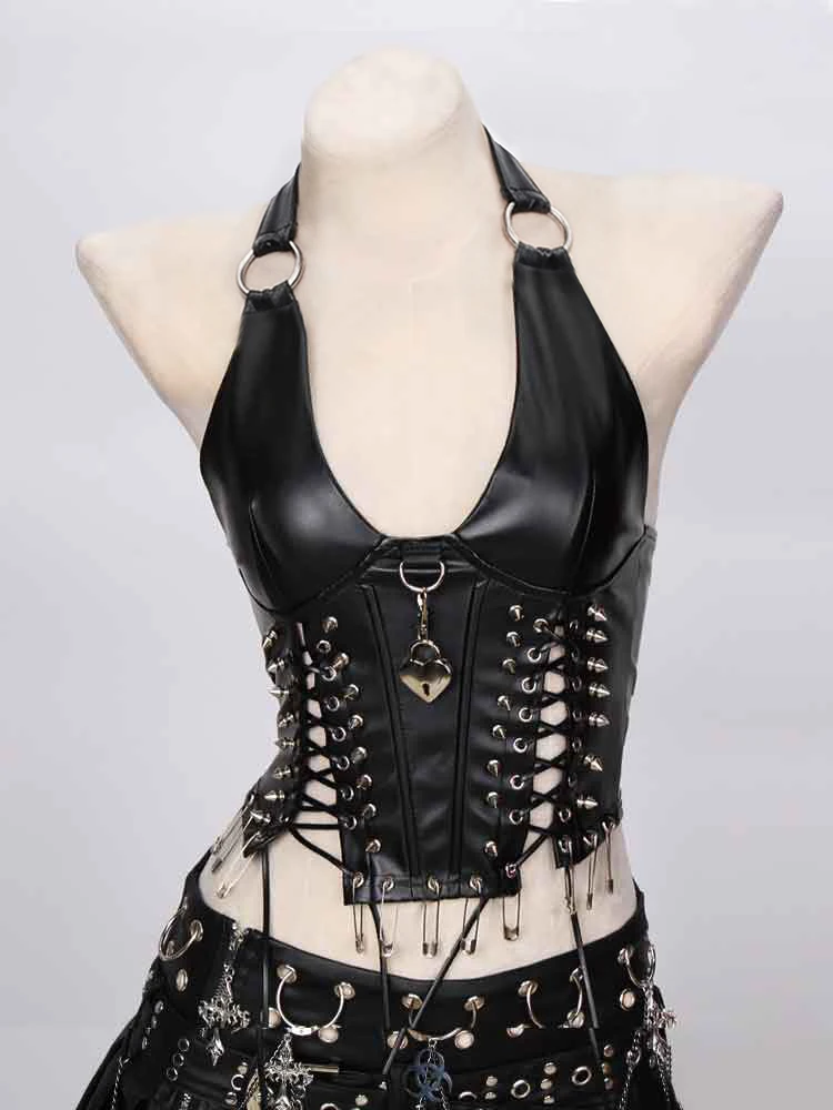 Goth Tops PU Leather Black Vkei Festival Emo Clothing Rave Cyber Punk Rock Clothes 90s Gothic Tank Grunge Y2K T-shirt Spikes