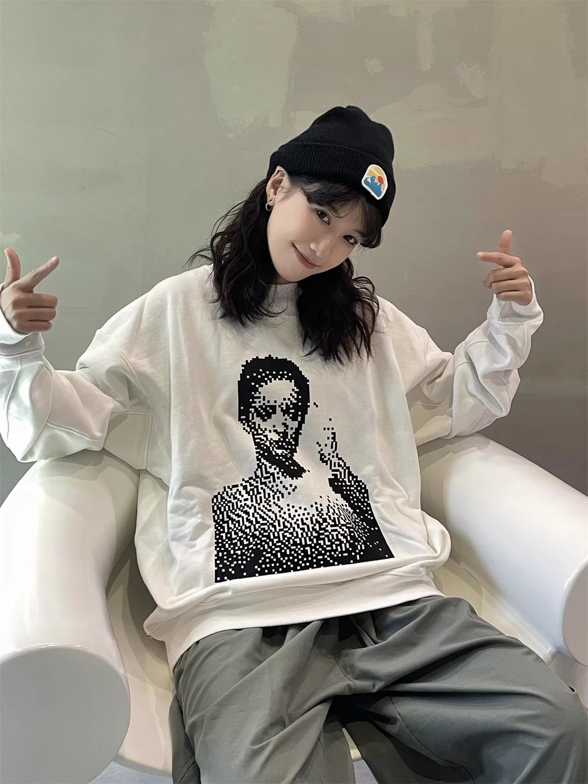 

CAVEMPT 2025 г., свободная толстовка с портретом пикселей, мужской и женский топ с длинными рукавами TX1226