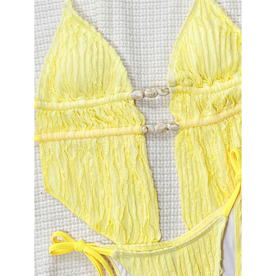 しわ加工タンキニホルタービキニ レディース水着 女性用水着 ツーピースビキニセット ハイカットレッグ ビーチウェア