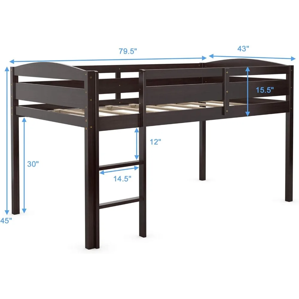 Twin Loft Bed, Solid Wood Low Loft Bed w/Guard Rail and Ladder, Boys & Girls Twin Bed for Kids Room, No Box Spring Needed