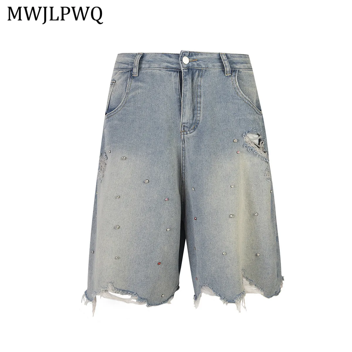 

MWJLPWQ модные потертые джинсовые шорты в американском стиле High Street, мужские брюки ручной работы с отверстиями со стразами, индивидуальные пять брюк 20946