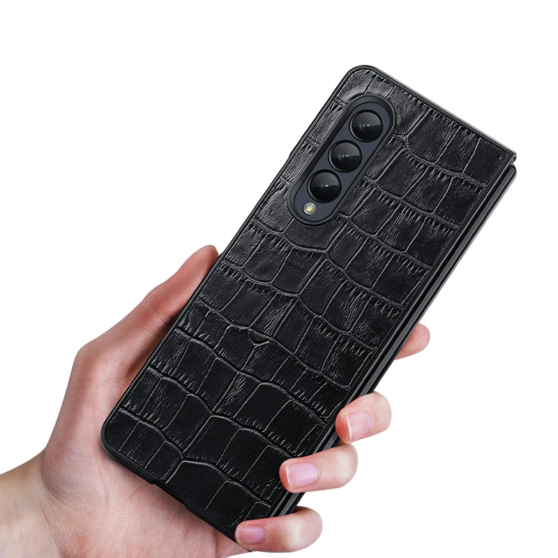 For Galaxy Z Fold 3 Genuine Leather Case for Samsung Z Fold 4/W23/W22 Shockproof Anti-Slip 3D Skin Texture Defender Hinge Case