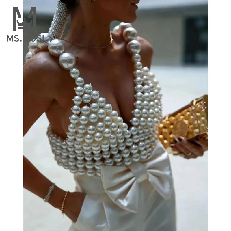 

MSMUSI 2023 New Fashion Women Sexy White V Neck Strap Big Pearl Beading Sleeveless Backless Bra Bodycon Party Club Event Top
