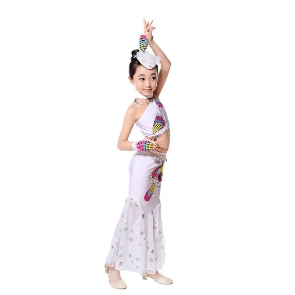 Indian Bollywood Dance Costume Kids Sexy Belly Dance Costume Set Peacock Dress Suit Girls Long Belly Mermaid Tail Costume Skirt