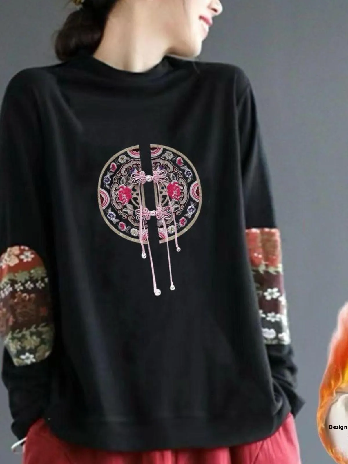 

High-End Double-Sided Fleece Lined Long Sleeve Loose Fit Printed Neckwarmer Multi-Piece Set Vintage Ethnic Style Half High Co...
