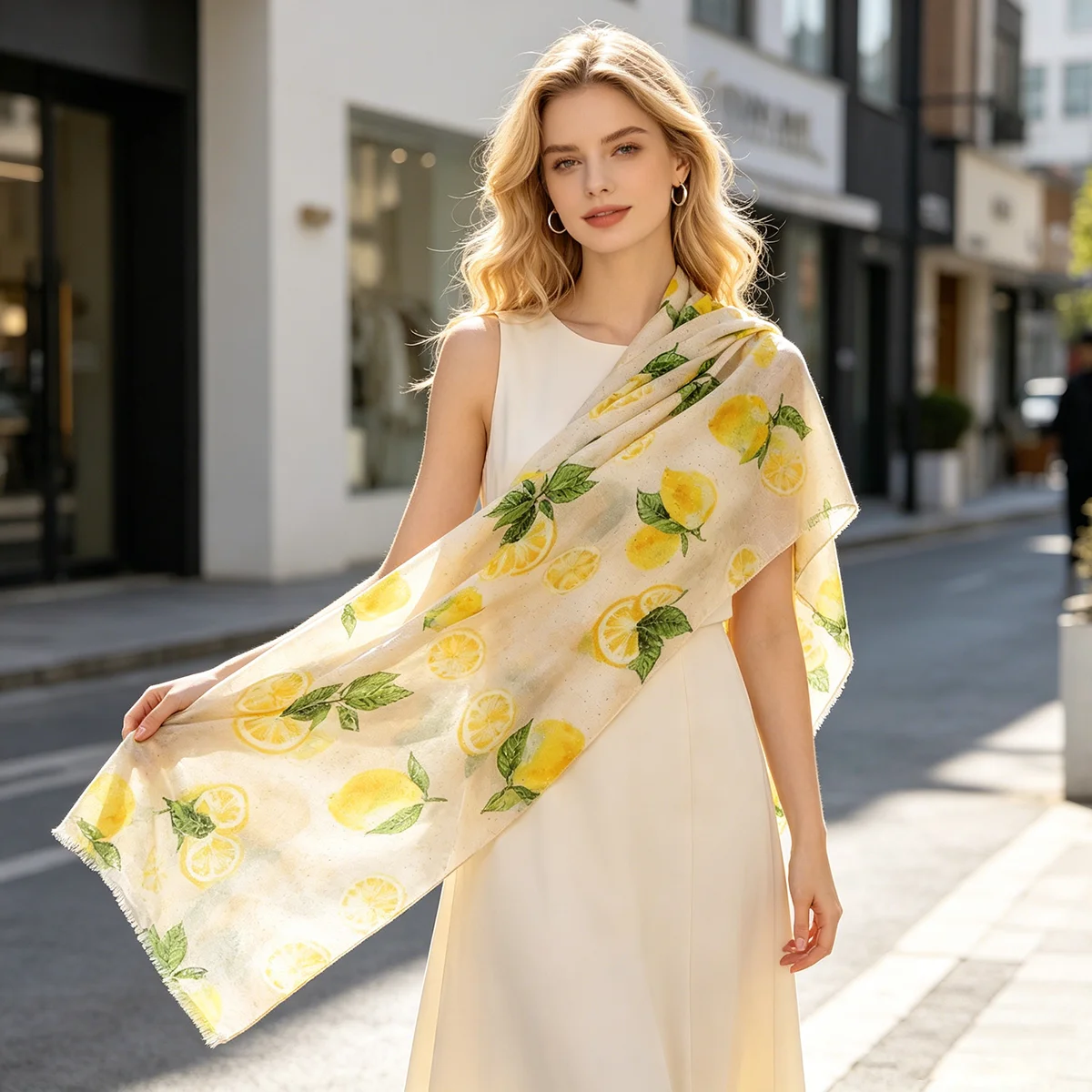 Women's Beige Lemon Fruit Printed Scarf, Lightweight Long Shawl with Glitter Dots, 180x88cm Fashion Neck Wrap for Daily Casual O
