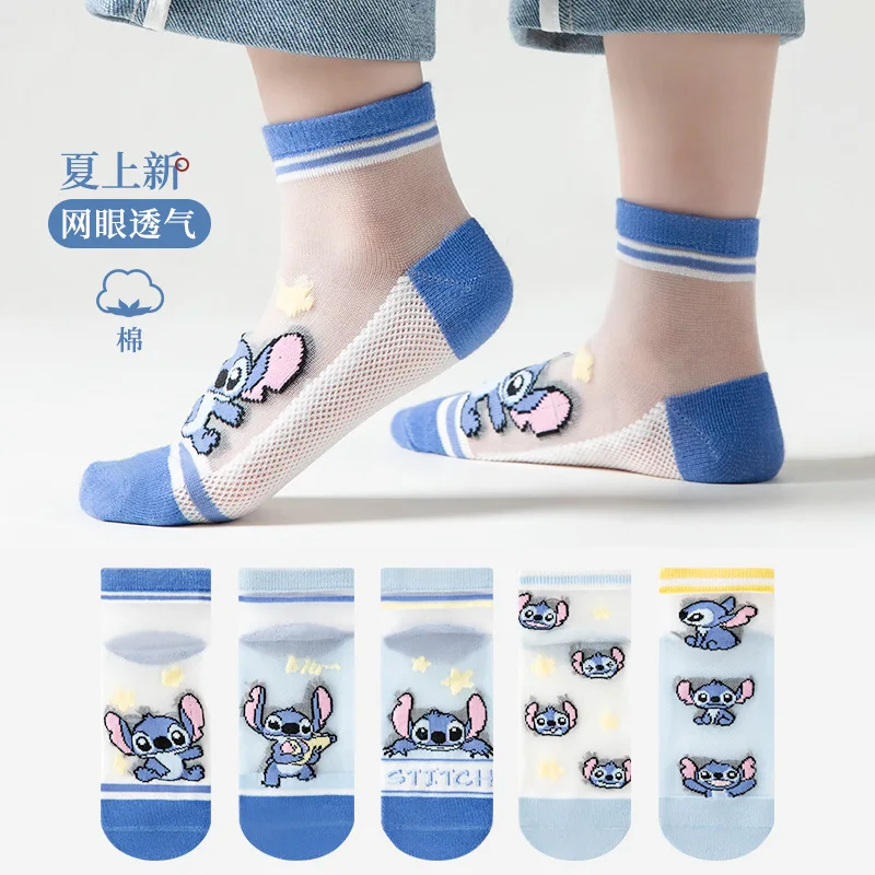 

5 Pairs Disney Stitch Kids Socks Mesh Breathable Ice Thin Socks Summer Kawaii Cartoon Childrens Mid-calf Cotton Sock for Girls