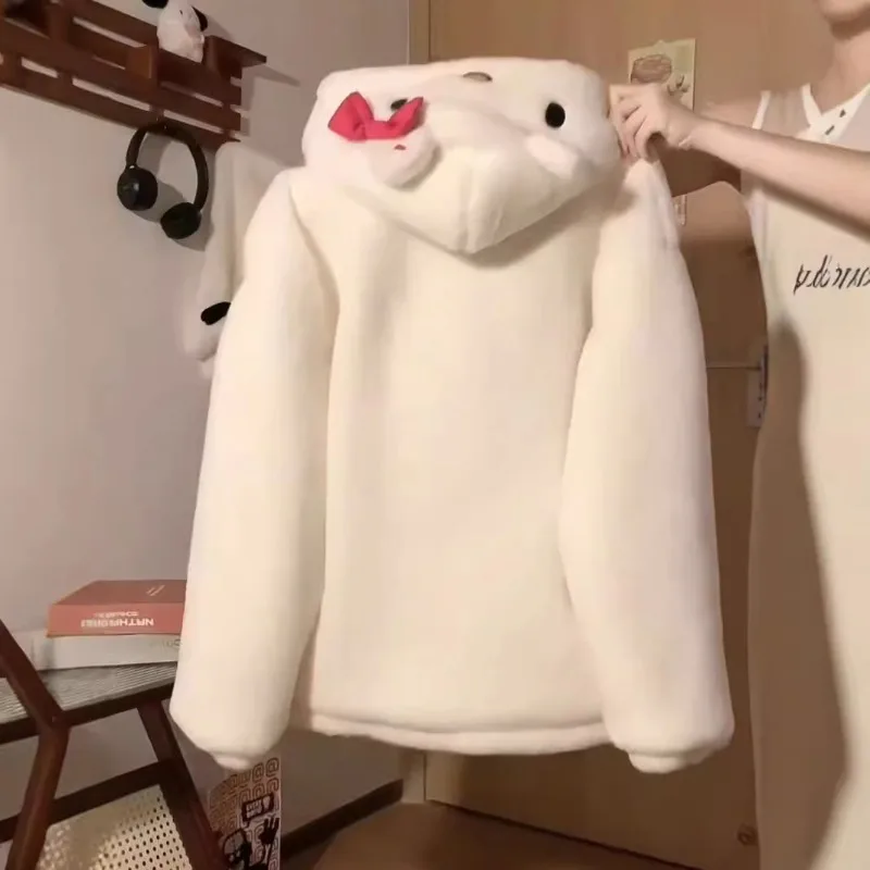Hello Kitty Kawaii dicker pelziger Woll-Hoodie für Damen, lockere warme Sweatshirts, Herbst-Winter, niedliche weiche Mädchen-Mäntel, Hoodies 2025
