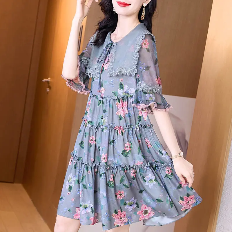 

Элегантное кружевное платье с воротником Питера Пэна и оборками с цветочным принтом, женская одежда, новинка лета 2025 года, свободные женские платья с расклешенными рукавами
