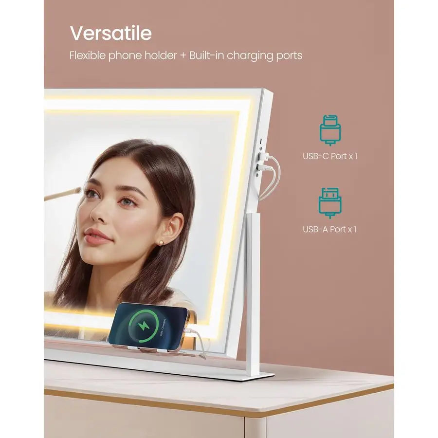 مرآة مكياج فانيتي مع أضواء، تحكم باللمس، زاوية قابلة للتعديل، منافذ شحن، مرآة مكبرة 10 مرات قابلة للفصل، درجة حرارة 3 ألوان #6
