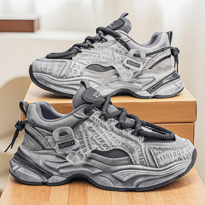 Vintage Distressed Men's Dad Shoes with Full Letter Print on the Trendy Upper, Breathable Mesh Fabric, Thick Sole for Height Increase and Shock Absorption, Thick Rope Shoelaces, Multiple Color Options, Versatile Street Style, Casual Sports Shoes for Daily Wear