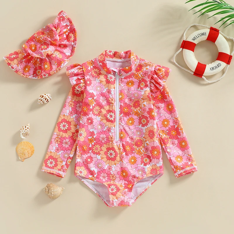 

Baby Girl Swimsuit Swimwear Ruffle Floral Swimsuits Long Sleeve UPF 50 Swimwear Zip Rash Guard Wetsuit