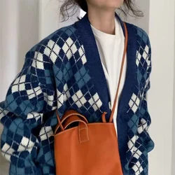 Patchwork Knitting Cardigan Female Autumn New V-neck Long Sleeve Loose Vintage Preppy Style Sweater Coat Women Clothes Top Tee