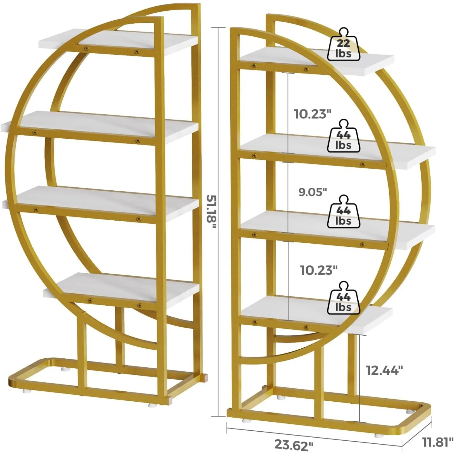 Gold Bookshelf Set of 2, 4-tirer Storage Shelves with Steel Frame, Half Moon Display Bookcase Standing Organizer,