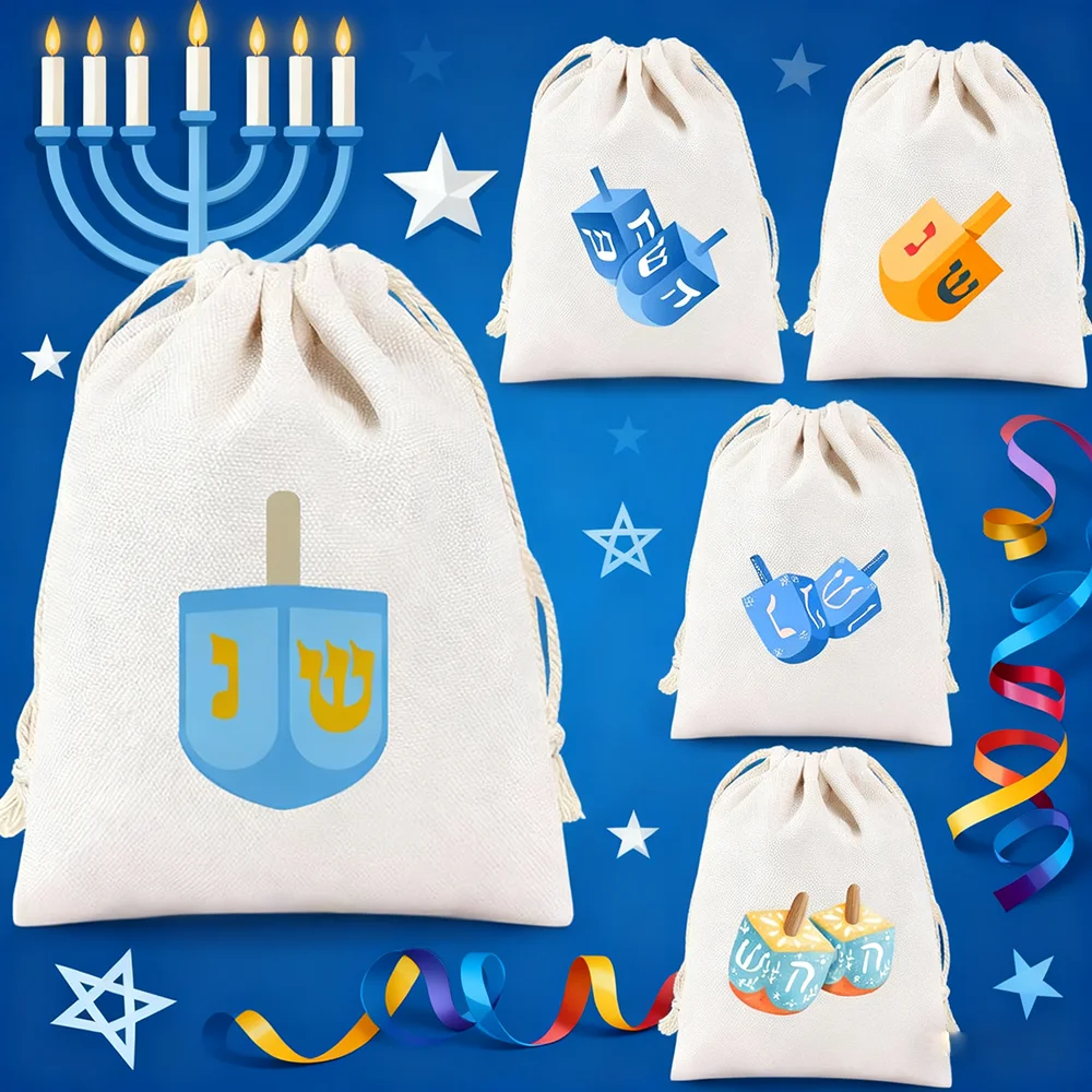 Bolsas con cordón de Hanukkah feliz de 5x7 pulgadas, 5 uds., Hanukkah, algodón suave, estampado de Dreidel y Menorah, decoración Chanukah, regalo para niños