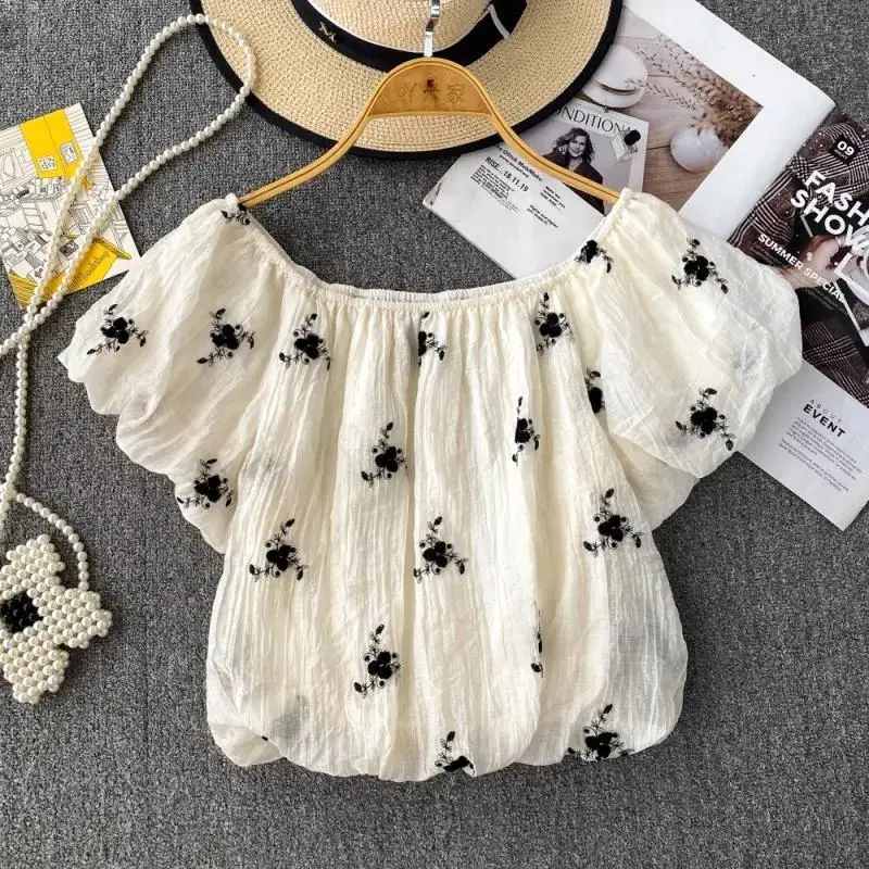 

Beige Print Folds Slash Neck Puff Sleeve Chiffon Pullover Women's Blouse Shirt Female Clothing Tops Fashion Short Blouses 2026