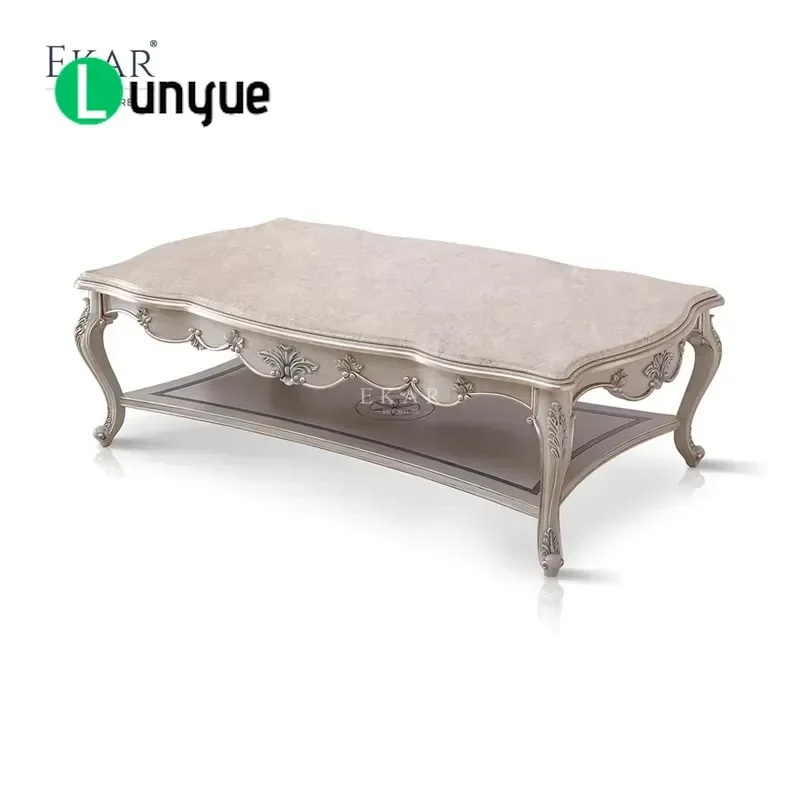 Luxurious Hand Carved Marble Top Coffee Table Elegant Wood Base Center Table for Living Room Home Furniture