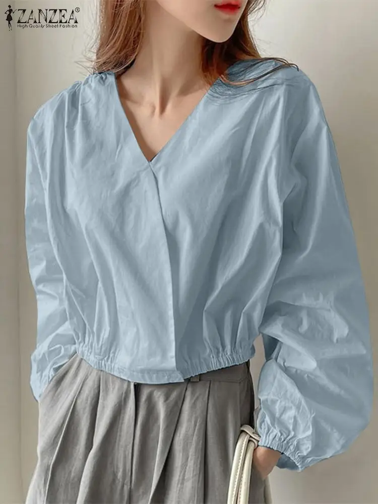 ZANZEA Elegant Long Lantern Sleeve Blusas  Fashion Harajuku Women Short Blouse Solid V-neck Party Tops Casual Office Shirt Tunic