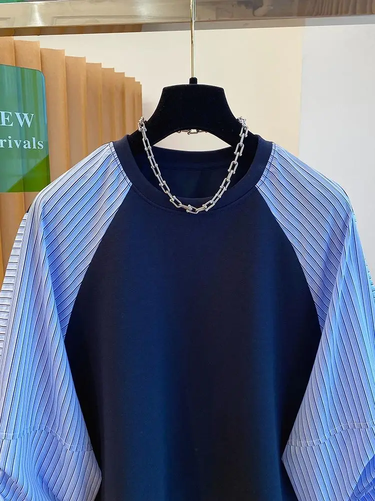 Camicia a righe firmate autunno 2025 Felpa con cappuccio con giunture a contrasto Camicetta da donna in stile pigro Top patchwork alla moda