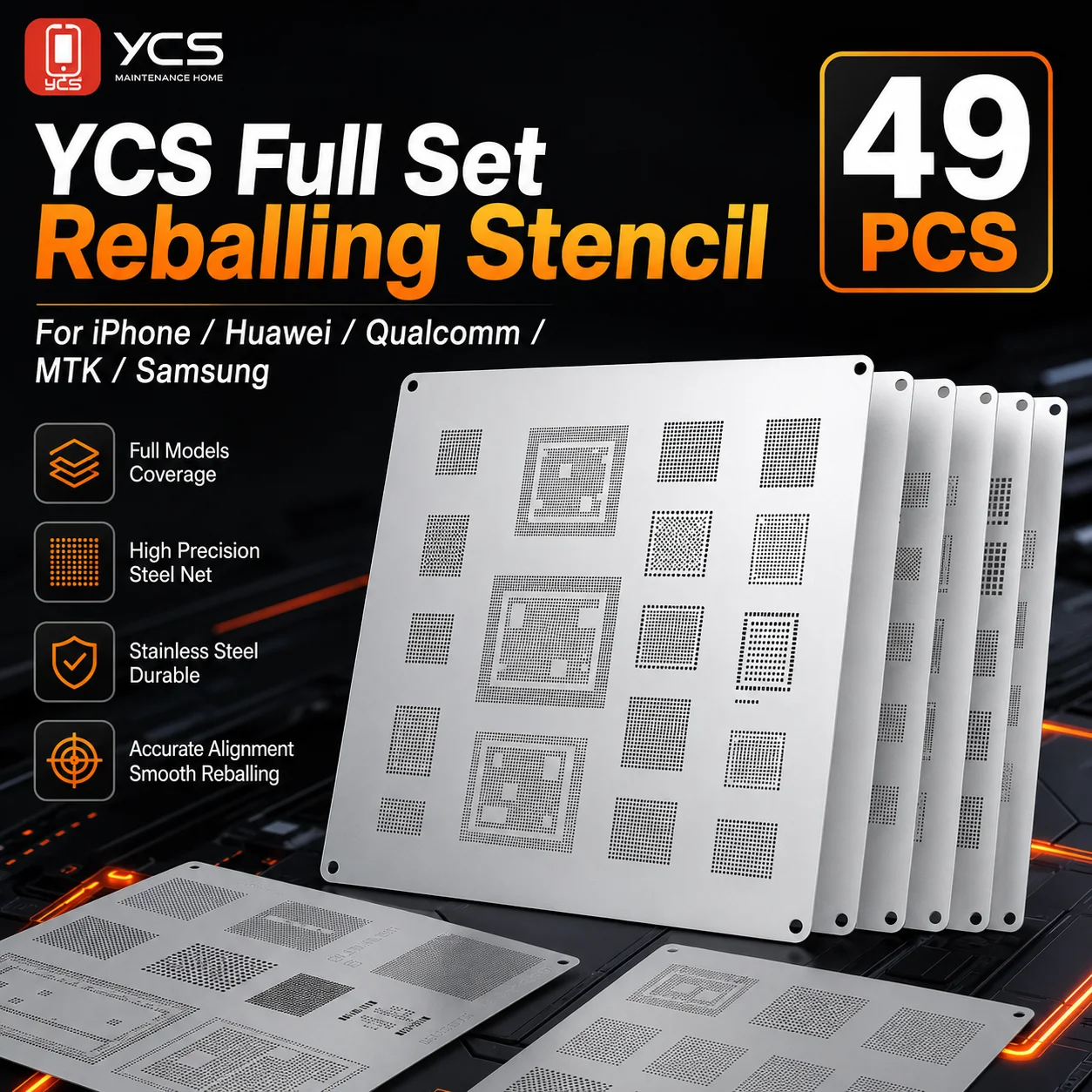 YCS Tin Planting Steel Net for IPhone 17 Android Series Universal CPU BGA Reballing Stencil Repair Tools Kit 49PCS