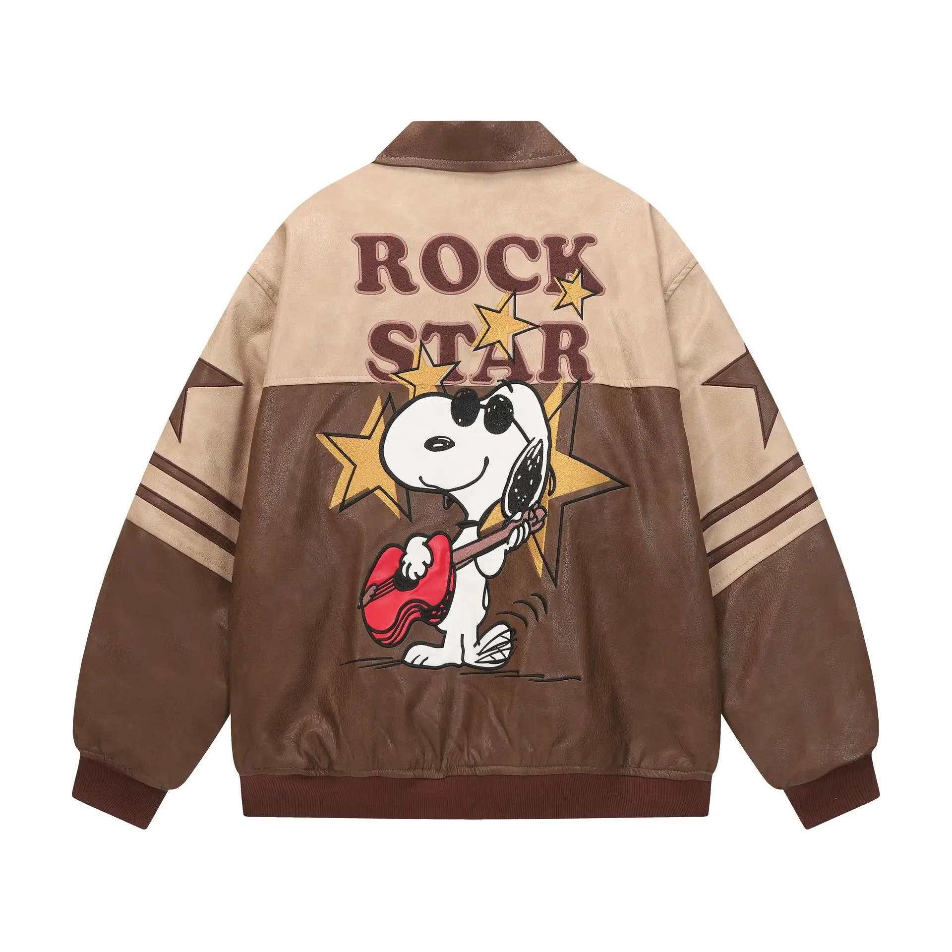 Peanut Snoopy Rock Star School Team Jacket Retro Brown Splicing Jacket Guitar Print Design Street Zipper Men's and Women's Style