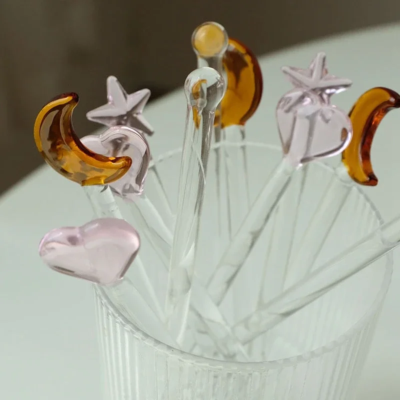 1PC Glass Stirring Rod Mixing Sticks Moon Star Shape Stir Bar Coffee Cocktail Sticks Drink Mixer Muddler for Home Party 4.9inch