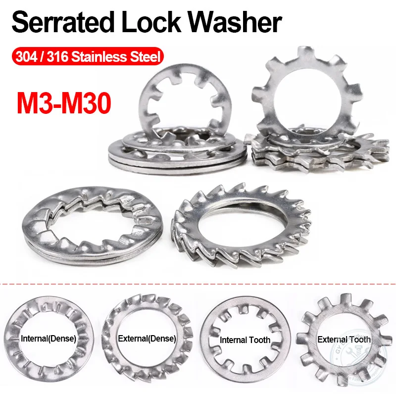 M3 M4 M5 M6 M8-M30 304 A2 316 A4 Stainless Steel Serrated Lock Washer Internal External Multi Tooth Anti Slip Shakeproof Washer