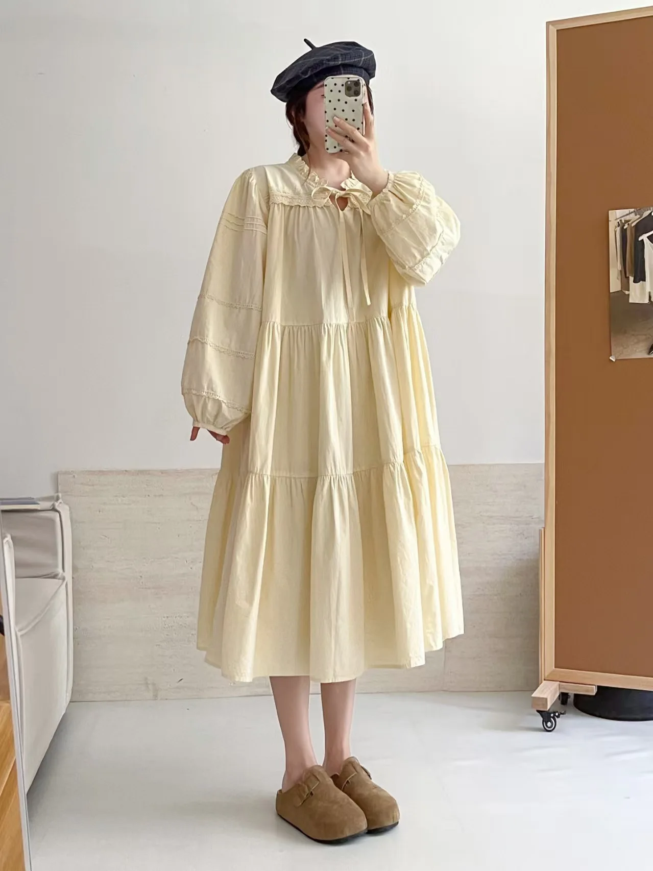 Vestido japonés dulce Mori Girl de Color sólido con volantes para mujer otoño nuevo lindo cuello con cordones manga larga Casual vestidos Midi sueltos