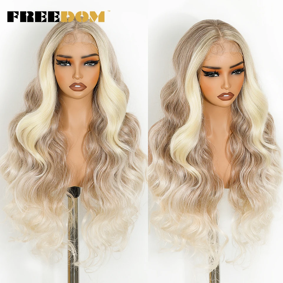 FREEDOM Synthetische Lace-Front-Perücken für Damen, 30 Zoll lang, Body Wave, 13x4 Lace-Front-Perücke, Ombre Braun-Blond, Cosplay-Perücken – Detail 8