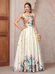 TOLEEN 2024 New Summer Women Floral Print Sleeveless Maxi Elegant Gorgeous Bridesmaid Cocktail Party Dress With Square Neckline