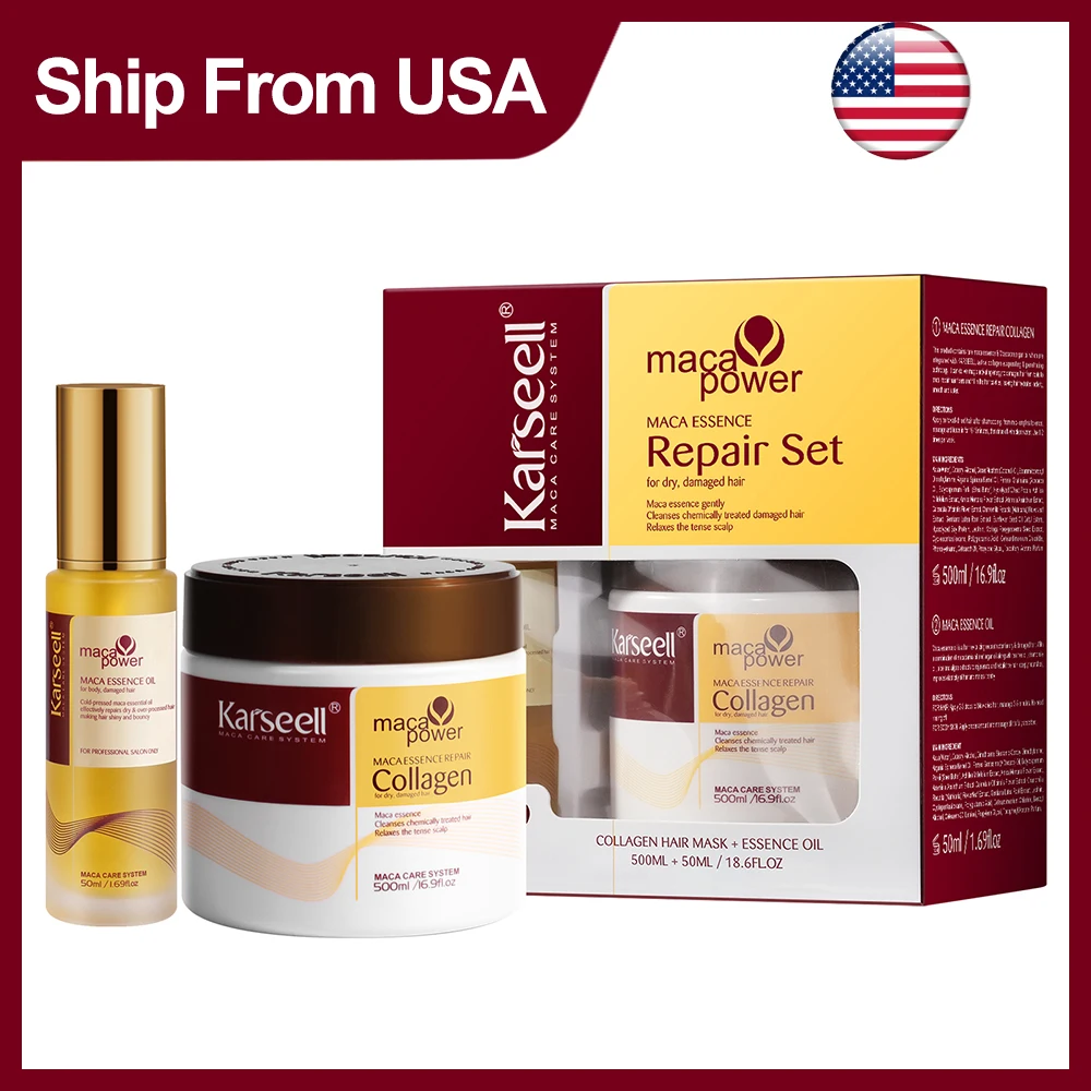 מסיכת שיער קולגן Karseell בנפח 500 מיליליטר 16.9 פל.אוז + שמן ארגן סרום שיער בנפח 50 מיליליטר 1.69 פל.אוז לשיער יבש ופגום בכל סוגי השיער