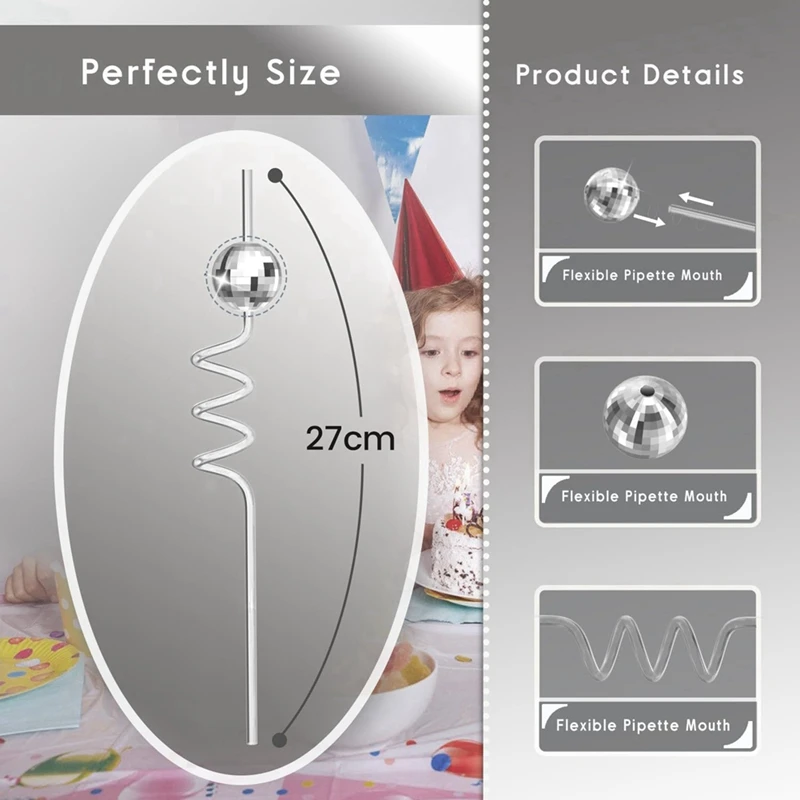パーティーデコレーション用ディスコボールストロー、ミニシルバーデコレーション、パーティー用品、耐久性、70年代、16個