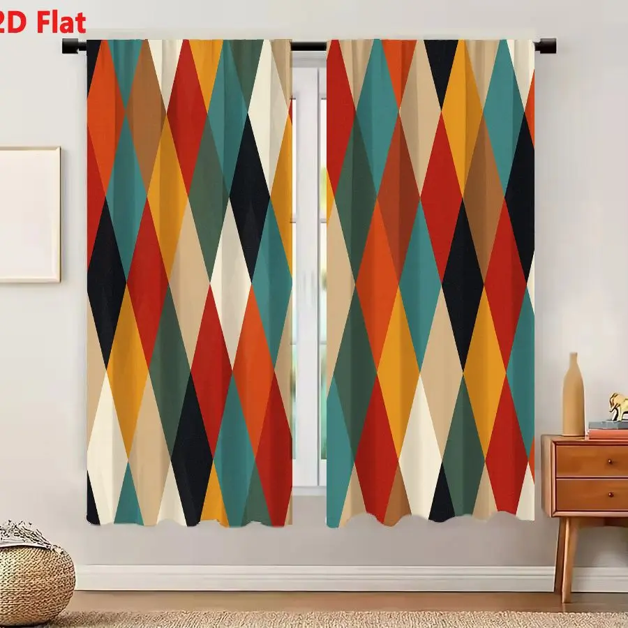 2Pcs Curtains 2D Flat Vibrant Geometric Diamond Pattern Mid-Century Modern Wallpaper Fabric Print Terracotta Mustard Teal Olive