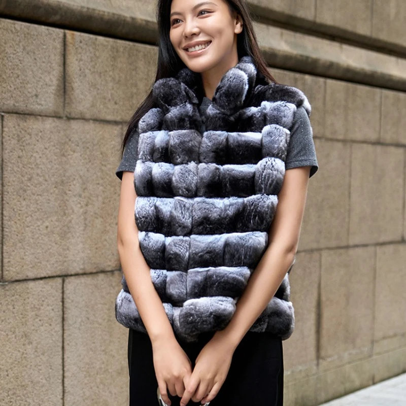 2025 شتاء جديد ريال ريكس الأرنب الفراء سترة شينشيلا اللون الوقوف طوق الرقبة جيليه فروي سميكة الدافئة قصيرة صدرية فاخرة #3