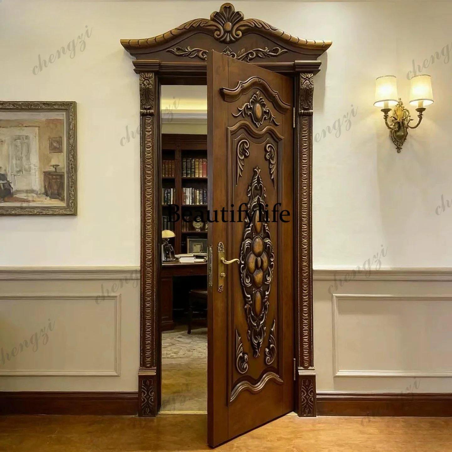 Villa home European carved paint interior set walnut retro luxury bedroom solid wood multi-layer swing door