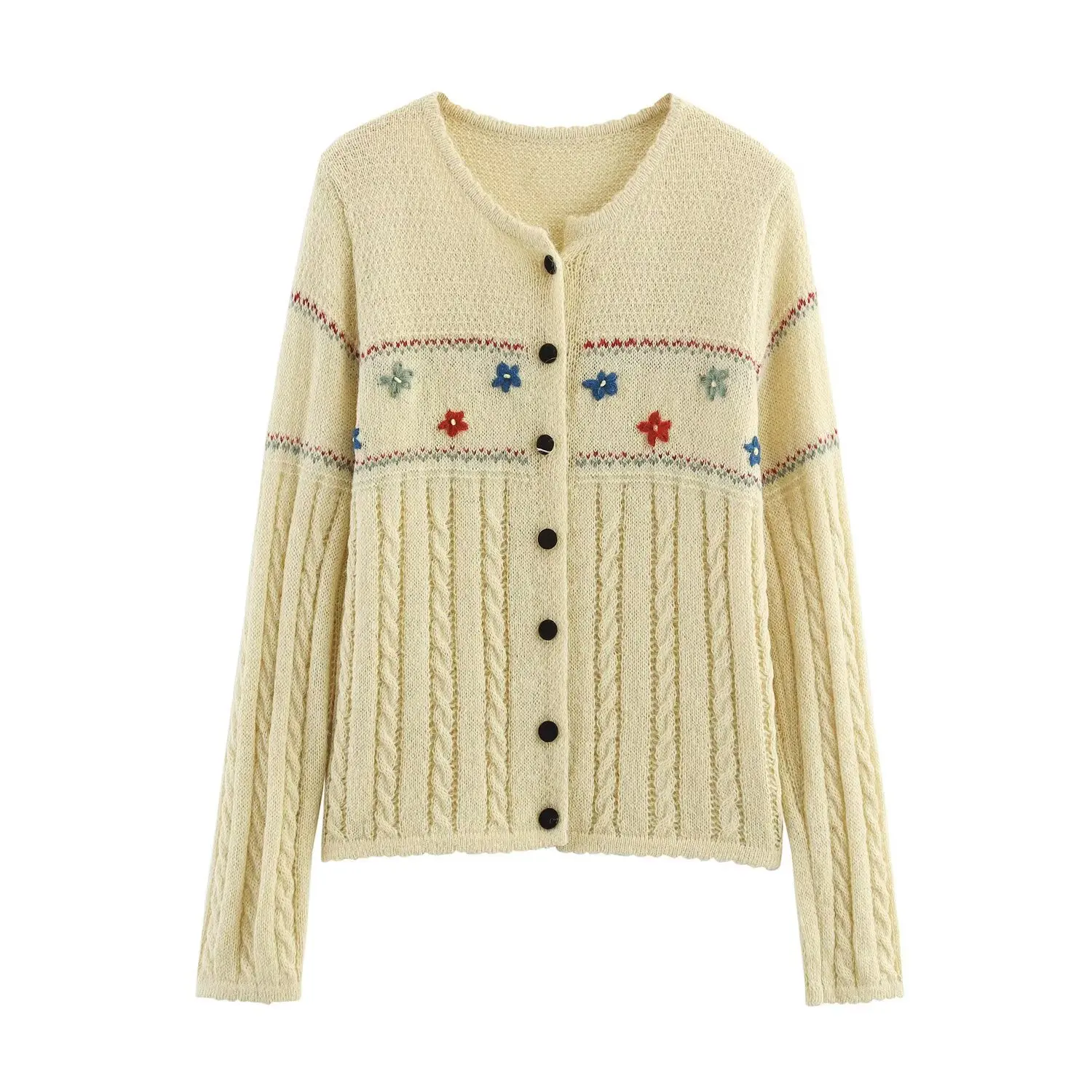 Camicia lavorata a maglia ampia vestibilità floreale con ricamo floreale monopetto a maniche lunghe casual nuova moda autunnale per donna, 3 colori