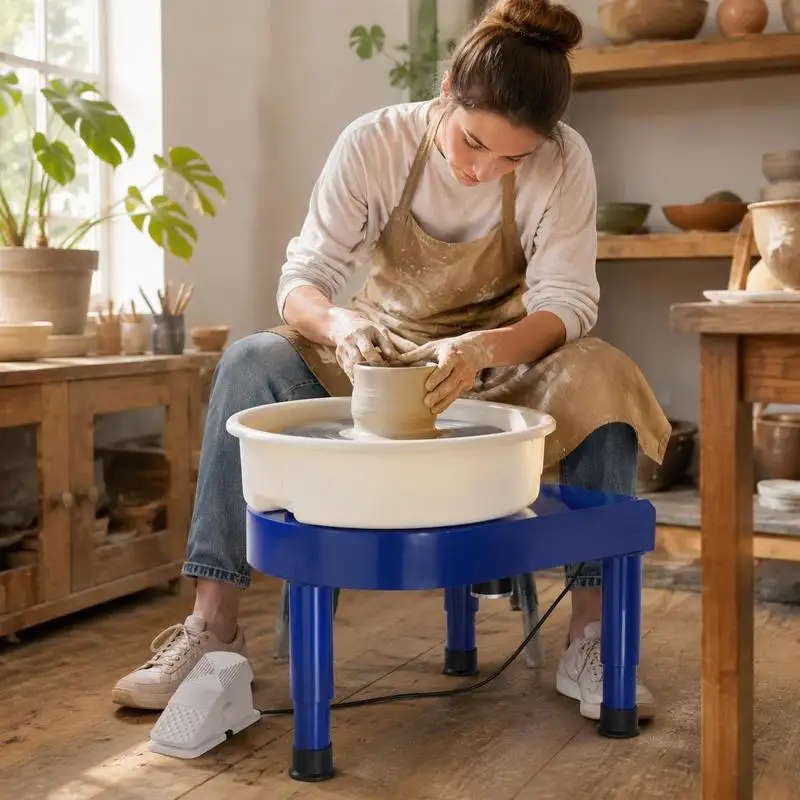 Tour à potier avec pédale, pieds de levage réglables et cuve amovible (35 cm), vitesse de 60 à 300 tr/min, ensemble complet d'outils et d'accessoires pour l'artisanat et le bricolage, bleu