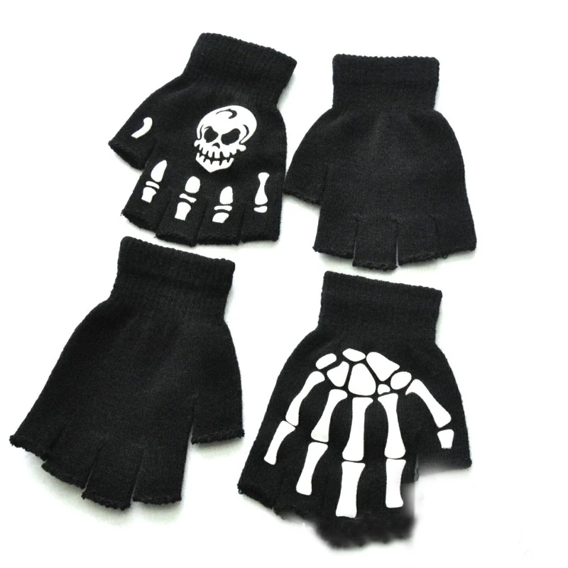 Luminous Knitted Gloves Claw Skull Gloves Non Slip Wrist Gloves Half Finger Gloves for Halloween Performance Dropship