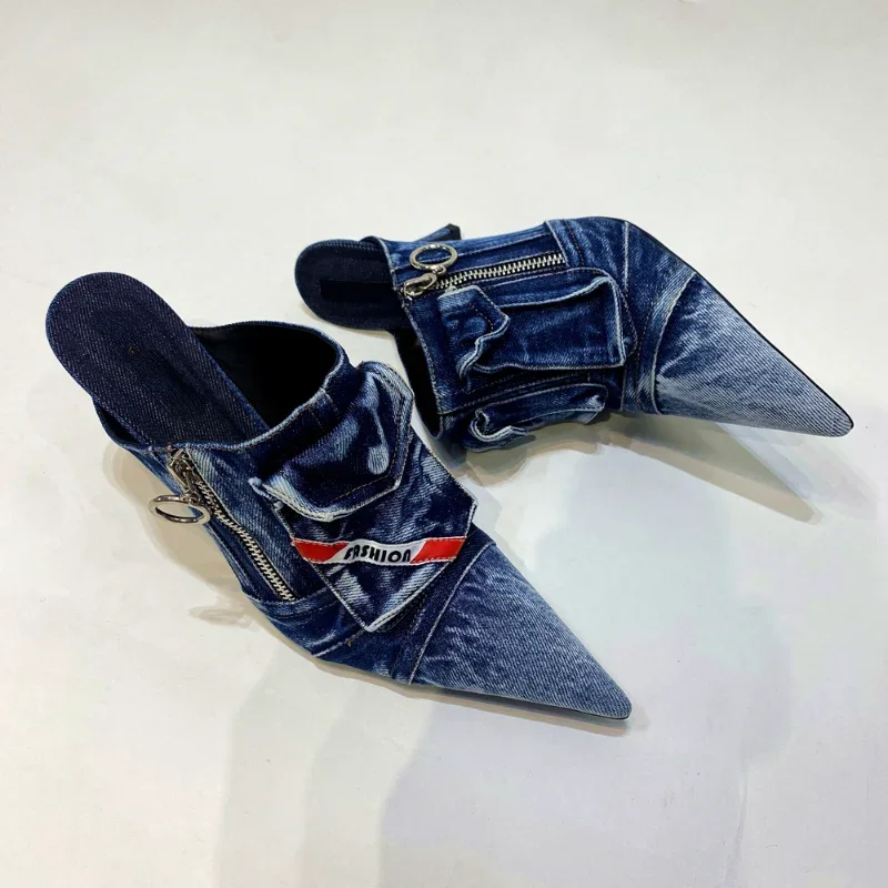 2026 Women's High Heel Pointed Slippers Washed Denim Vintage Distressed Sandals Pocket Zipper High Heel Outwear Slippers 34-43
